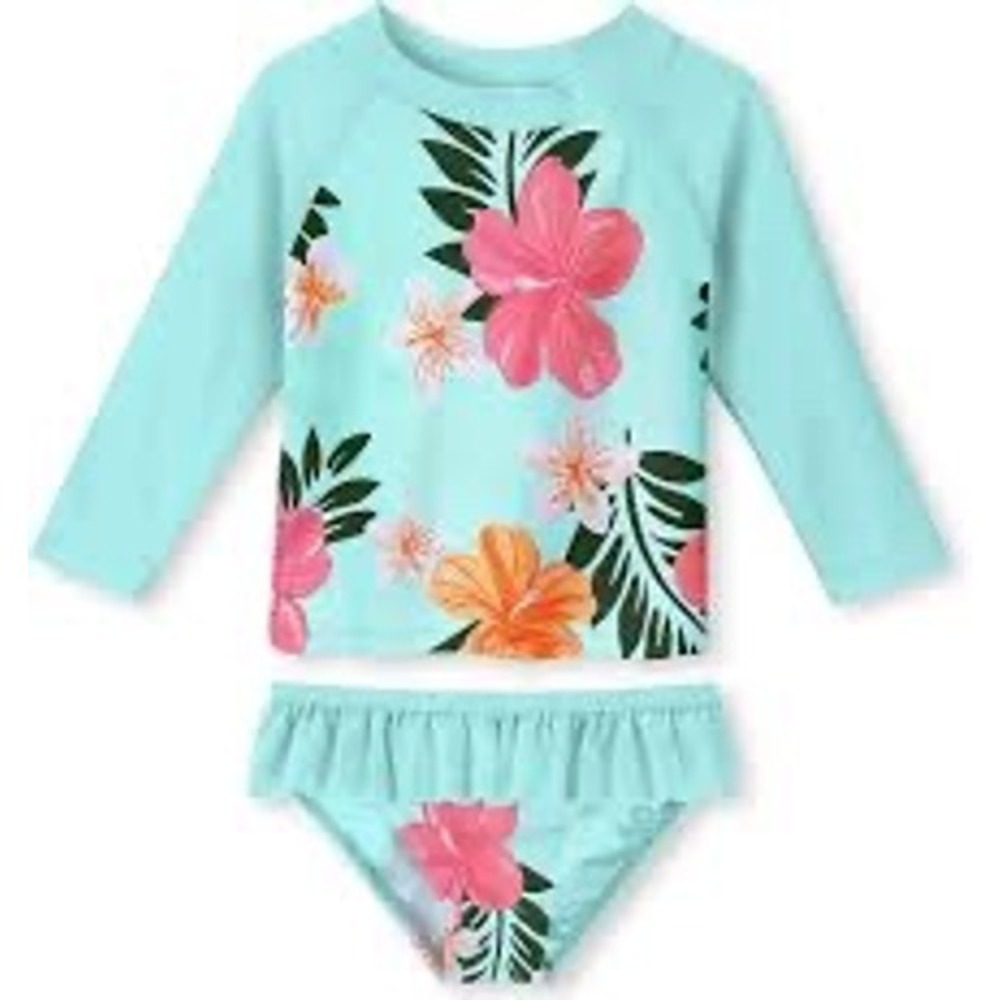 Kids‎ Girls Rash Guard Swimsuit Set Tropical Floral Aqua Size 5-6Y